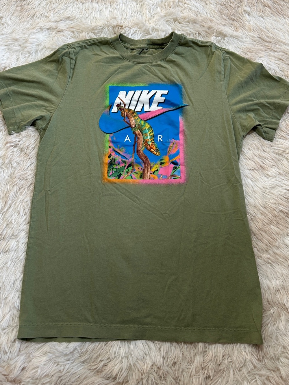 Nike Olive Green Short-Sleeve Tee with Multicolor Chameleon Graphic